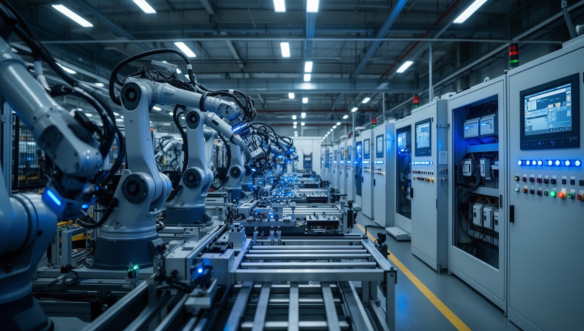 Planta de automatización industrial con robots y paneles de control